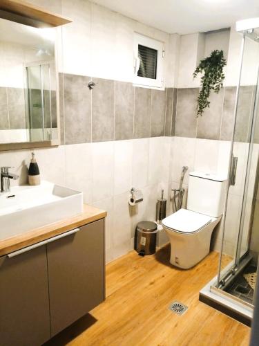 a bathroom with a toilet and a sink at Aelio Deluxe Apartment Akrata in Paralía Akrátas