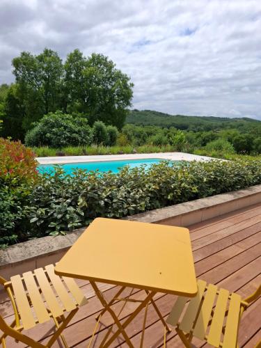 une table et des chaises jaunes sur une terrasse avec une piscine dans l'établissement Gîte du Causse Loubressac, à Loubressac