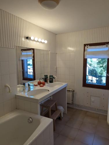une salle de bain avec une baignoire et un lavabo et une baignoire dans l'établissement Le Pré de la Reyne, à Sault