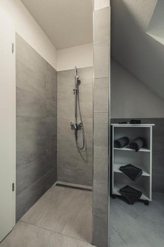 a bathroom with a shower and a walk in shower at Ferienwohnungen und Boardinghouse Heimbach in Renchen in Renchen