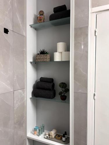 a bathroom with a shelf with towels and plants at Casi-Homes in Larnaca