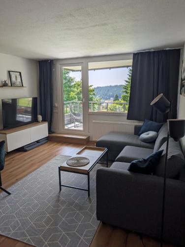 a living room with a couch and a table at TOP KaVi apartments #7, Pool, Sauna und Fitness FREE, 2-Zimmer in Sankt Englmar
