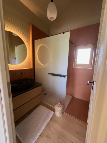 a small bathroom with a shower and a sink at Coeur Cévennes Wooden Cottage in Camprieu