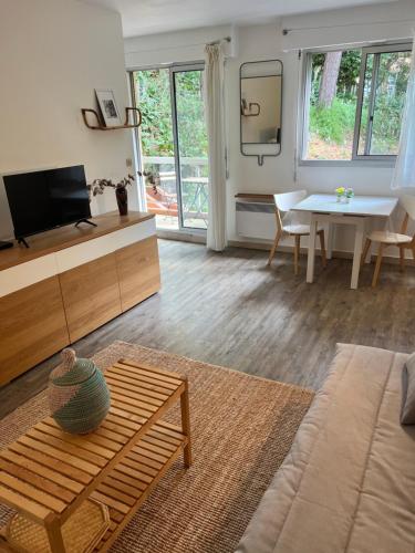 un salon avec un canapé et une table dans l'établissement Charmant Studio avec Piscine à Nice, à Nice