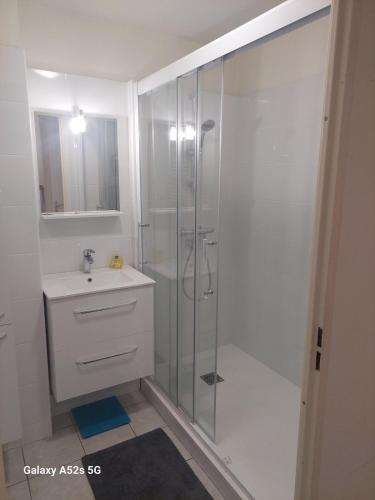 une salle de bain blanche avec une douche et un lavabo dans l'établissement Charmant T2 au calme proche de la mer, à La Seyne-sur-Mer