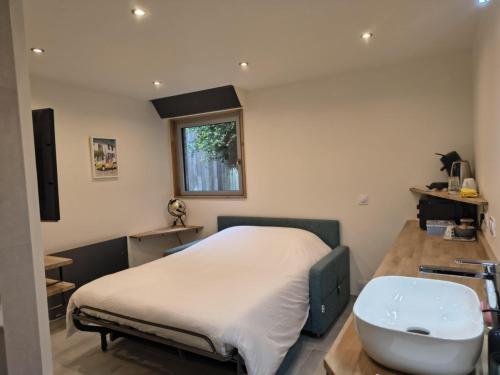 Habitación hospitalaria con cama y lavabo en Chambre d'Hôtes Sablina, Parc et Plage des Minimes La Rochelle, en La Rochelle