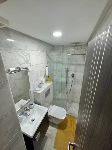 a bathroom with a shower and a toilet and a sink at Studio Cosy au Centre de Casablanca, Idéal pour Découvrir la Ville in Casablanca-Port