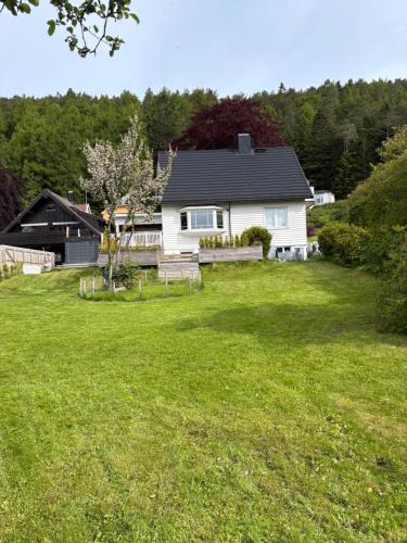 a house with a yard in front of it at Entire home with pool and garden in Ålesund