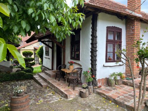 a small white house with a table and chairs at Etno kuća Danica in Senje