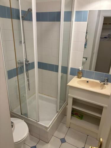 une salle de bain avec une douche, des toilettes et un lavabo dans l'établissement L'Eagle Deauville - Residence du Golf, à Deauville