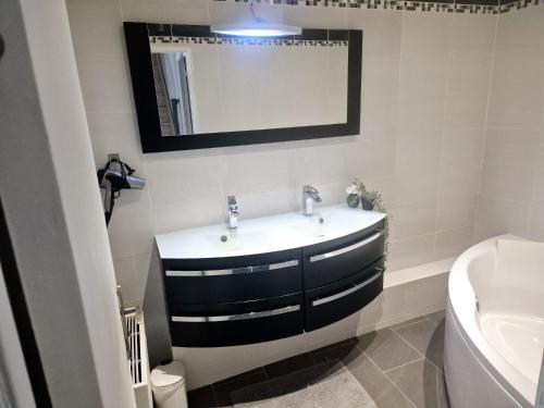 a bathroom with a sink and a mirror and a toilet at Maison familiale lavande in Thiais