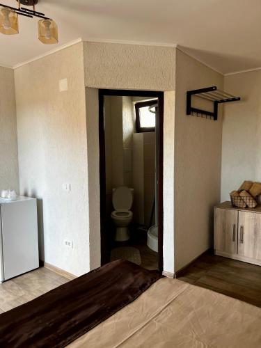 a room with a bed and a bathroom with a toilet at Casa de la Corbu in Corbu