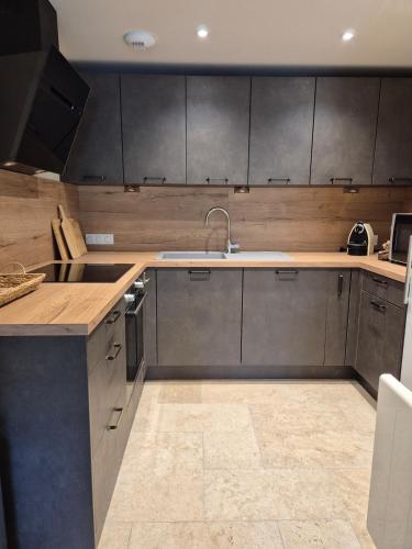 une cuisine avec un évier et un plan de travail dans l'établissement Magnifique maison de famille rénovée, à Saint-Romain