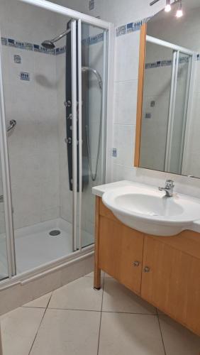 a bathroom with a sink and a shower at Ty Dahouet Bretagne in Pléneuf-Val-André