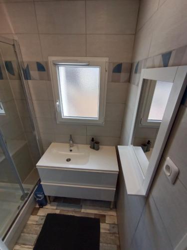 une petite salle de bain avec un lavabo et un miroir dans l'établissement Escapade à la plage, à Le Portel