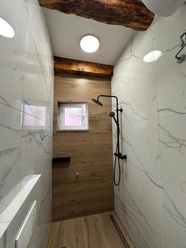 a bathroom with a shower stall and a window at Beachfront Villa Amfora with Pool in Karlobag