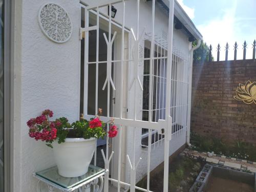 a porch with a white fence and a potted plant at Villa Francisco Bed & Breakfast Solar Power in Germiston