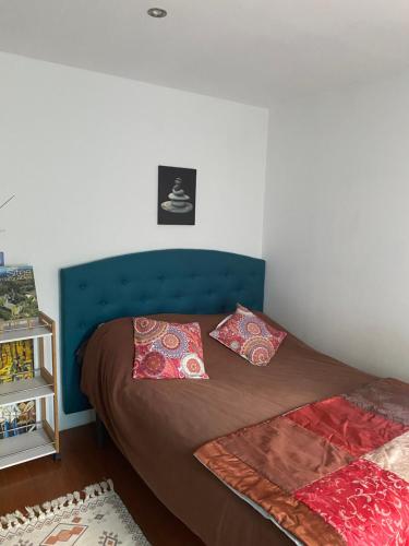 un lit avec deux oreillers dessus dans une chambre dans l'établissement Studio Bas de villa avec grande terrasse, à Piedigriggio