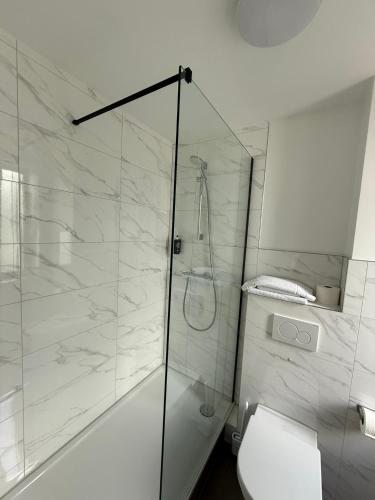 a white bathroom with a shower and a toilet at Hotel & Restaurant Elbschetal in Wetter