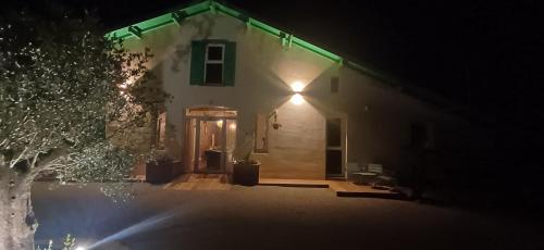 a house lit up at night with a green light at Le petit Arrigade in Mimbaste