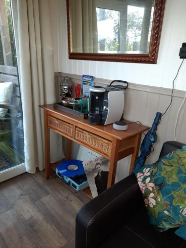 a table with a microwave on it in a room at The Cabin in St Austell