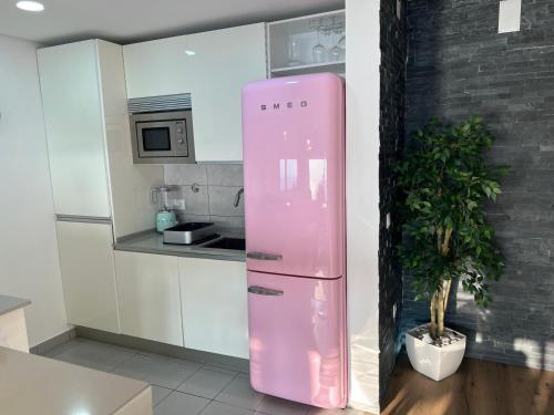 a pink refrigerator in a kitchen with a plant at Livelove Sea in Santa Cruz