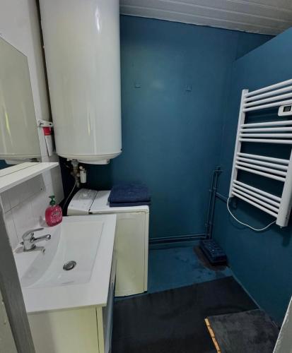 La salle de bains est pourvue d'un lavabo et d'un mur bleu. dans l'établissement Le rustique, à Souligné-Flacé