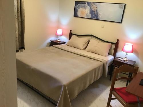 a bedroom with a bed and two lamps on tables at Lidas Sunny Guest House Argolis in Nafplio