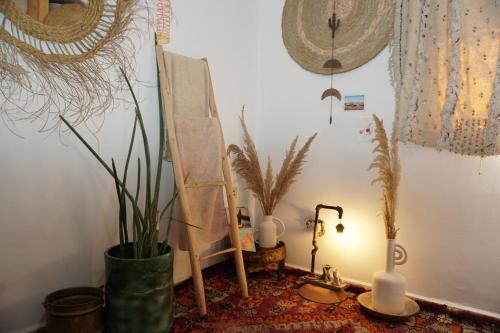 a room with a chair and plants and a lamp at The Lunar Surf House in Tamraght Ouzdar