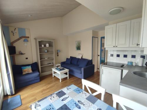 Il comprend une cuisine et un salon avec un canapé bleu. dans l'établissement Le goéland 2 piéces avec terrasse, 4 personnes, à Talmont-Saint-Hilaire