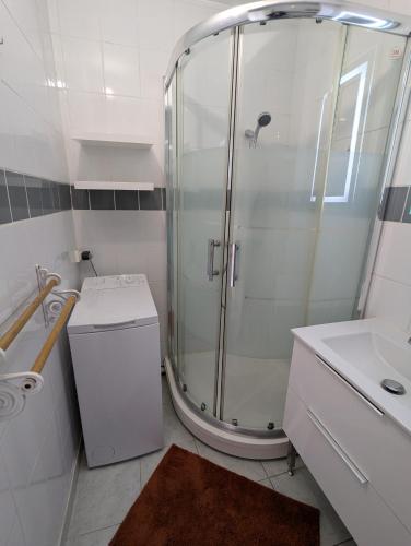 une salle de bain avec une douche, des toilettes et un lavabo dans l'établissement T2 climatisé avec terrasse à 200m de la plage, à Argelès-sur-Mer