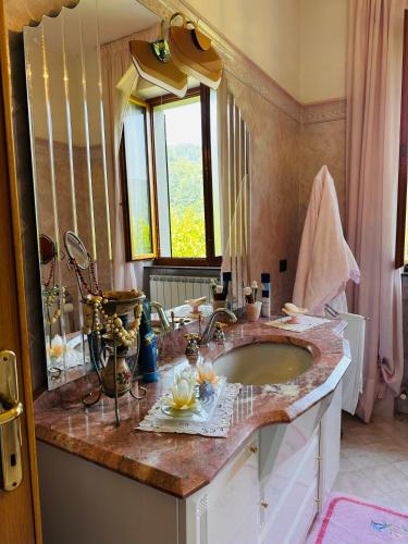 a bathroom with a sink and a large mirror at Il Giardino di Monterole Cà d'Pini in Bagnone