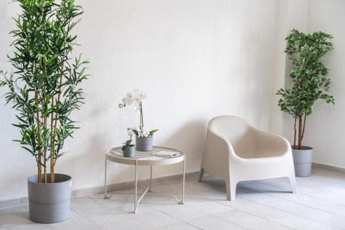 a table and a chair and plants in a room at Modern Apartment with Free Private Parking in Timisoara in Timişoara