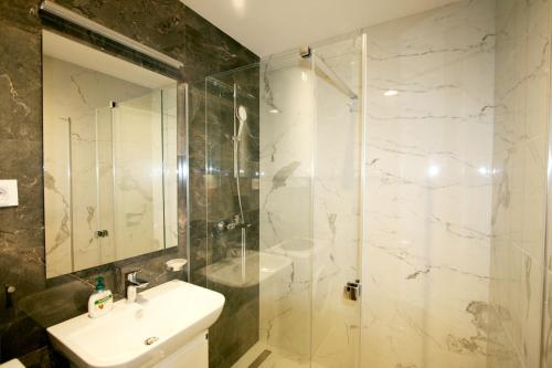 a bathroom with a sink and a glass shower at Apartment Una Petica in Beograd