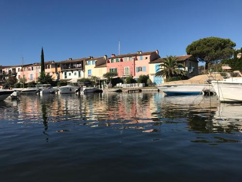 un groupe de bateaux amarrés dans une rivière avec des bâtiments dans l'établissement appartement avec amarrage bateau jardin port grimaud, à Grimaud
