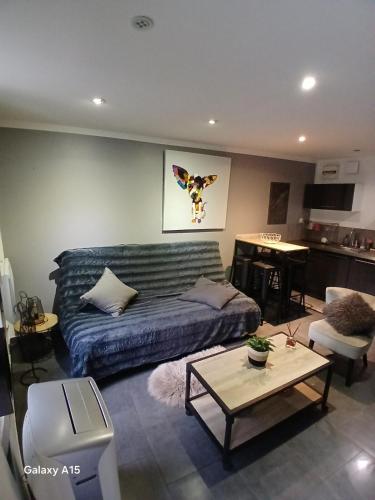 un salon avec un canapé et une table dans l'établissement Studio cosy - tout équipé, à Belgentier