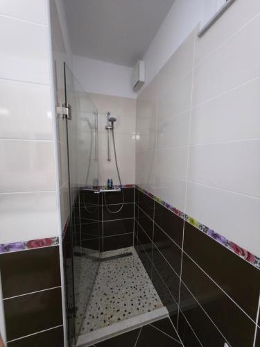 a bathroom with a shower with black and white tiles at Luxury Sea View Apartment in Vlorë