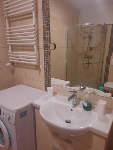 a bathroom with a sink and a washing machine at Apartament Polanki E207 in Kołobrzeg