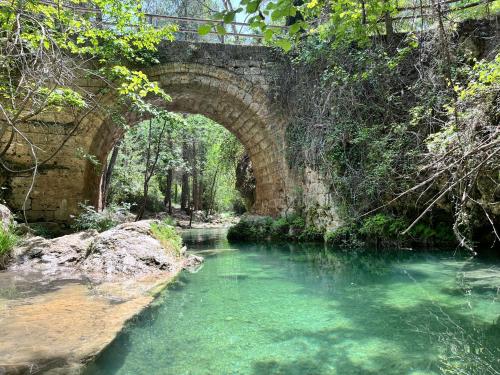 an old bridge over a river with green water at Casa caramujo in Quesada