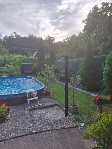 a pool in a garden with a chair next to it at Chata Mária in Bojná