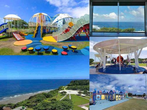 a collage of photos of a water park at ZZOKIAI紫葉 30-second walk to the seaside! You can see the sea from every floor! 4LDK maximun 10 people! in Sunja