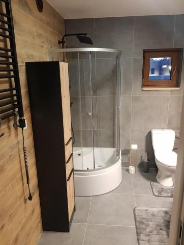 a bathroom with a shower and a tub and a toilet at Domek całoroczny in Buda Ruska