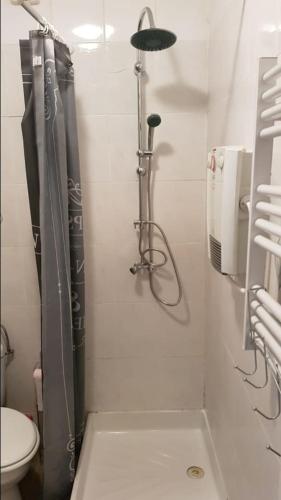 une salle de bain avec toilettes et rideau de douche dans l'établissement Studio 23 m2, proche centre, calme, WIFI, pk, à Montpellier