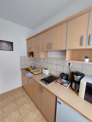 a kitchen with wooden cabinets and a counter top at Delfin Apartman Zalakaros in Zalakaros