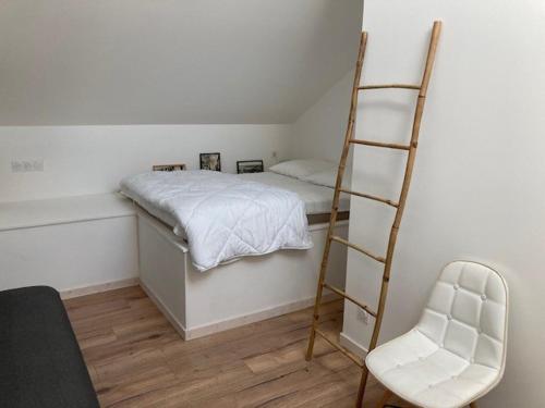 - une chambre avec des lits superposés, une échelle et une chaise dans l'établissement Propriété de cœur de ville avec piscine et jardin partagés, à Saint-Pierre-dʼOléron