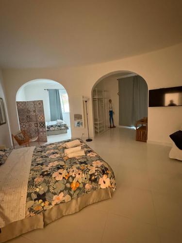 a bedroom with a bed and a person in the background at Il Caimano B & B, con piscina dall'11 Luglio al 31 Agosto in Vulcano