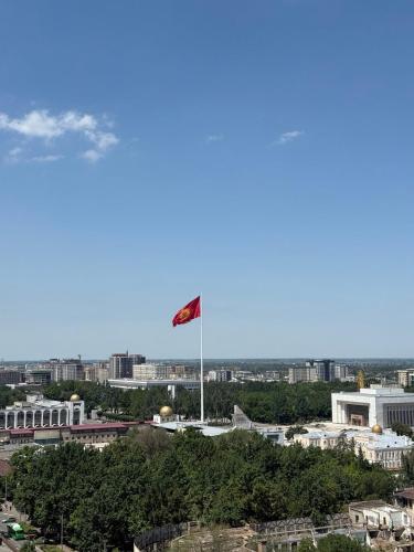 a flag flies over the city of pyongyang at Citywide apartment BayTash Tower near GUM and TSUM in Bishkek