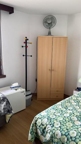 a bedroom with a bed and a fan at Privatzimmer in geteilter Wohnung in Vaduz