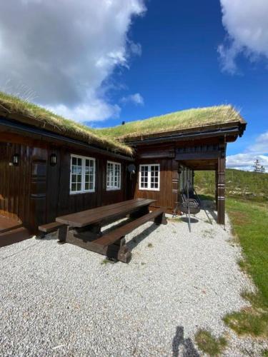 a log cabin with a grass roof and a bench at Bjørnebuhytten, Geilo, 13 sengeplasser med privat Jacuzzi og el-bil-lading in Geilo