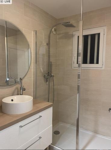 une salle de bain avec douche et lavabo dans l'établissement Résidence la Pinède - appartement Flores, au Barcarès